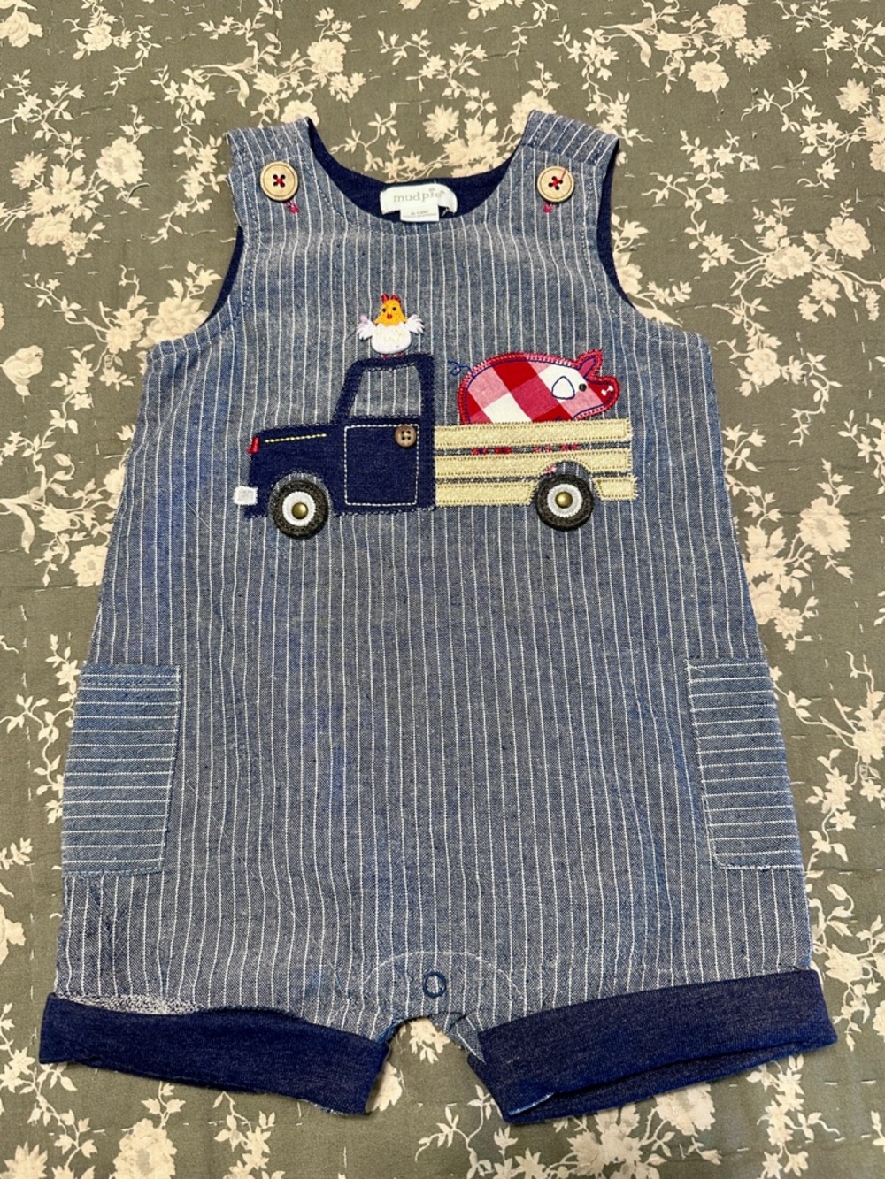 Mud Pie Blue Pinstripe Truck Appliqué Romper